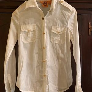 White Tory Birch Button-down with Gold Buttons